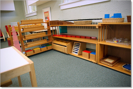 montessori classroom shelves with various play toys